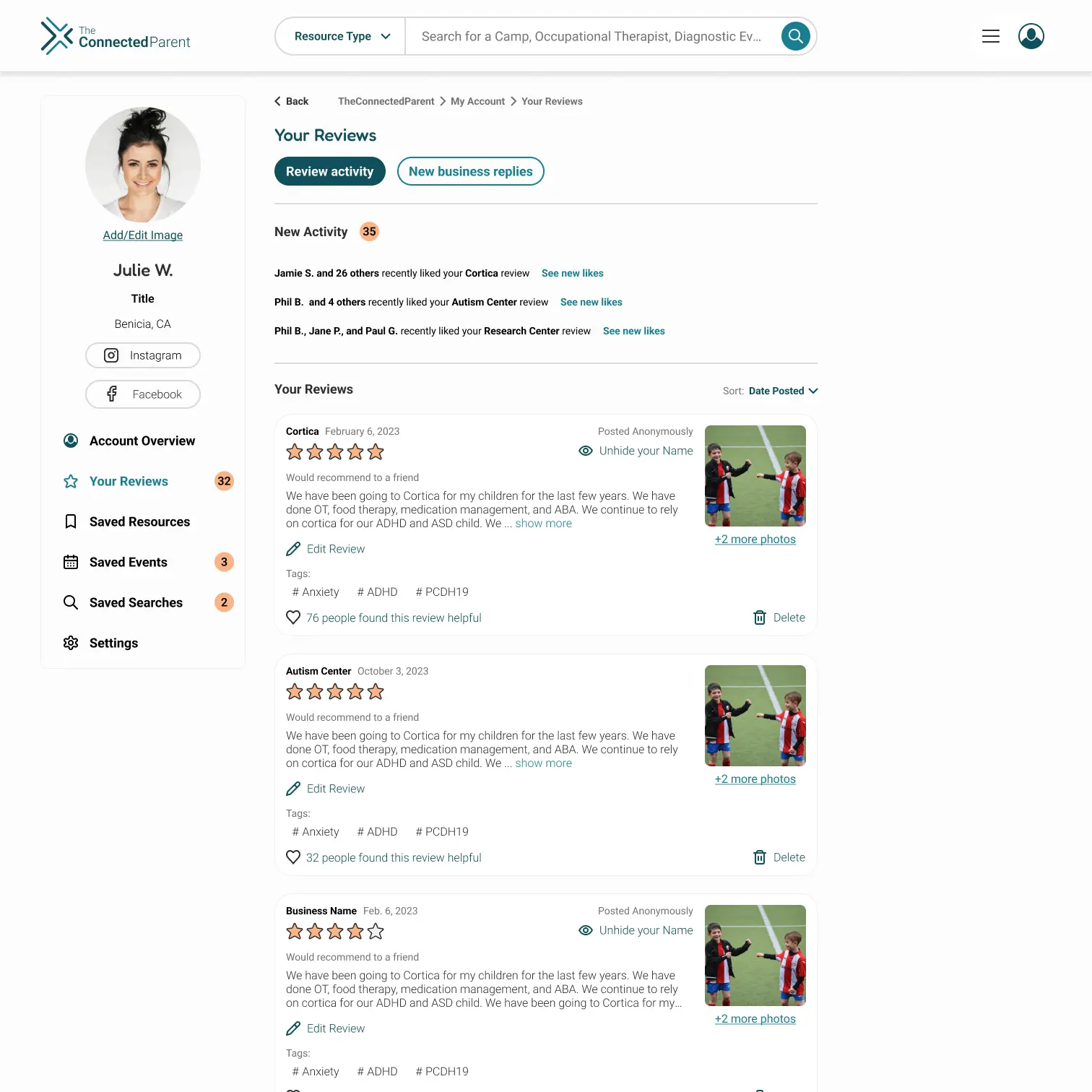 User Profile Reviews Screen